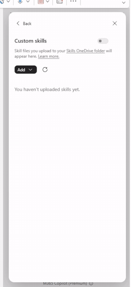 The Add menu in Custom skills showing four options