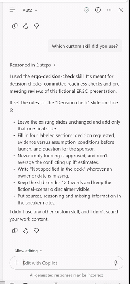 Copilot naming the ergo-decision-check skill