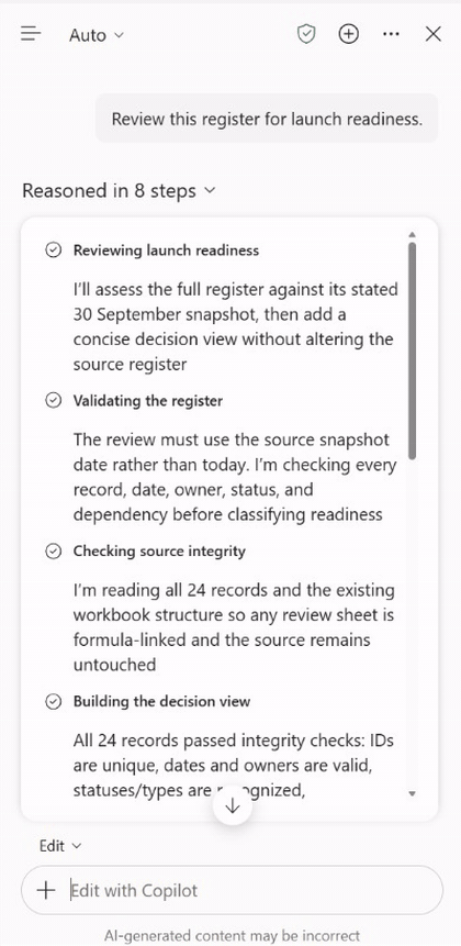 Copilot naming the ergo-launch-review skill